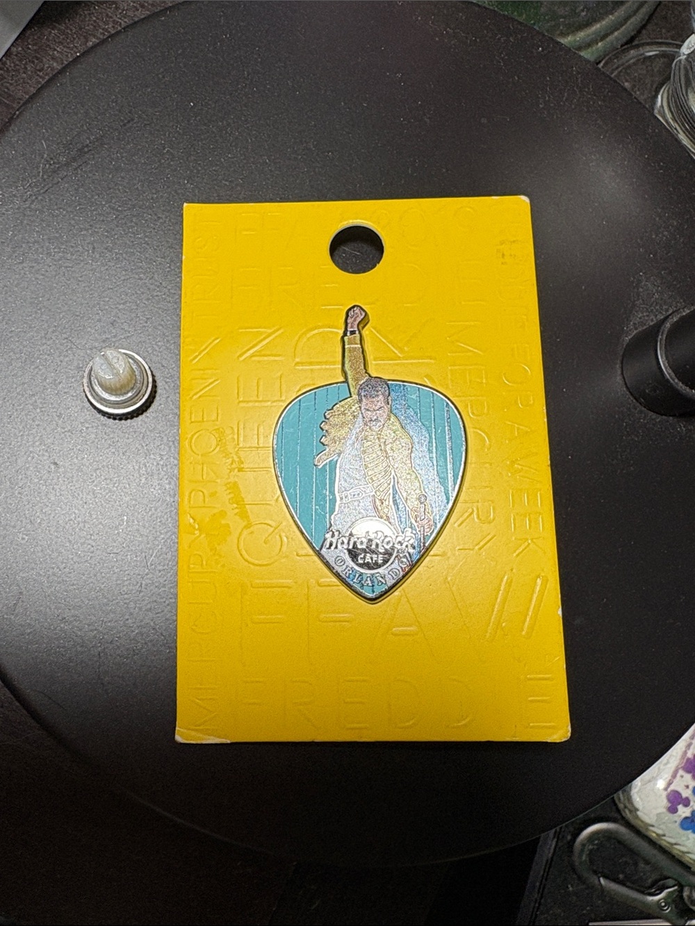 Hard Rock Cafe Yellow & Black Pin Back Card Orlando Queen Freddie Murcury nwt